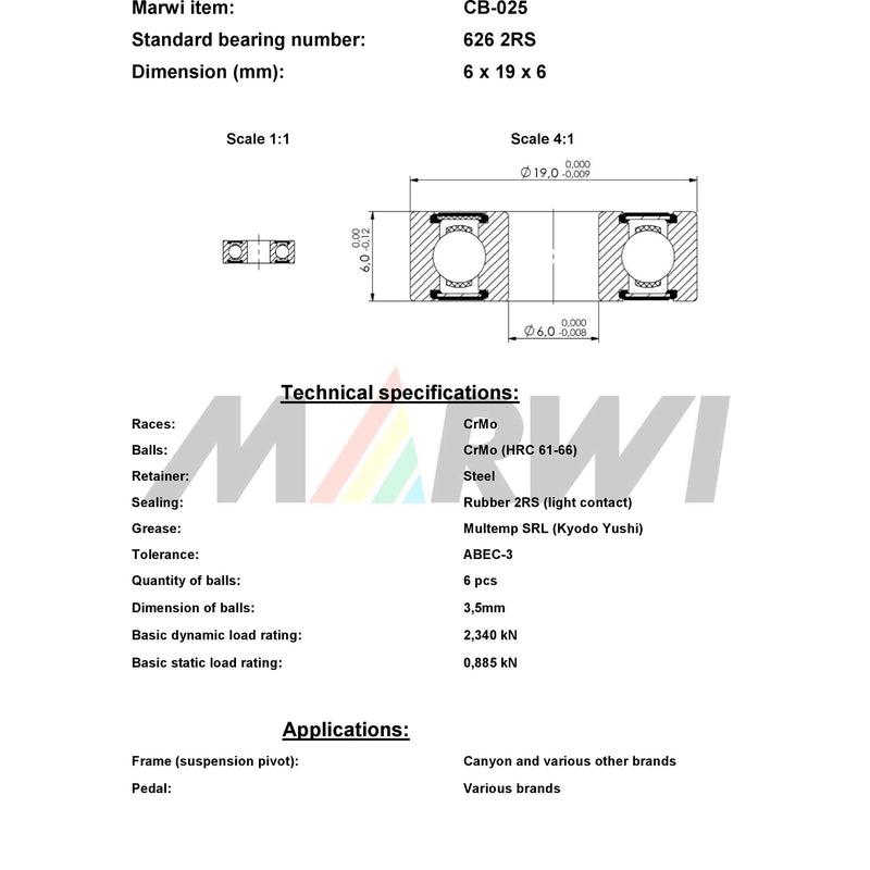 Load image into Gallery viewer, Marwi union kogellager cb-025 626 2rs - 6x19x6