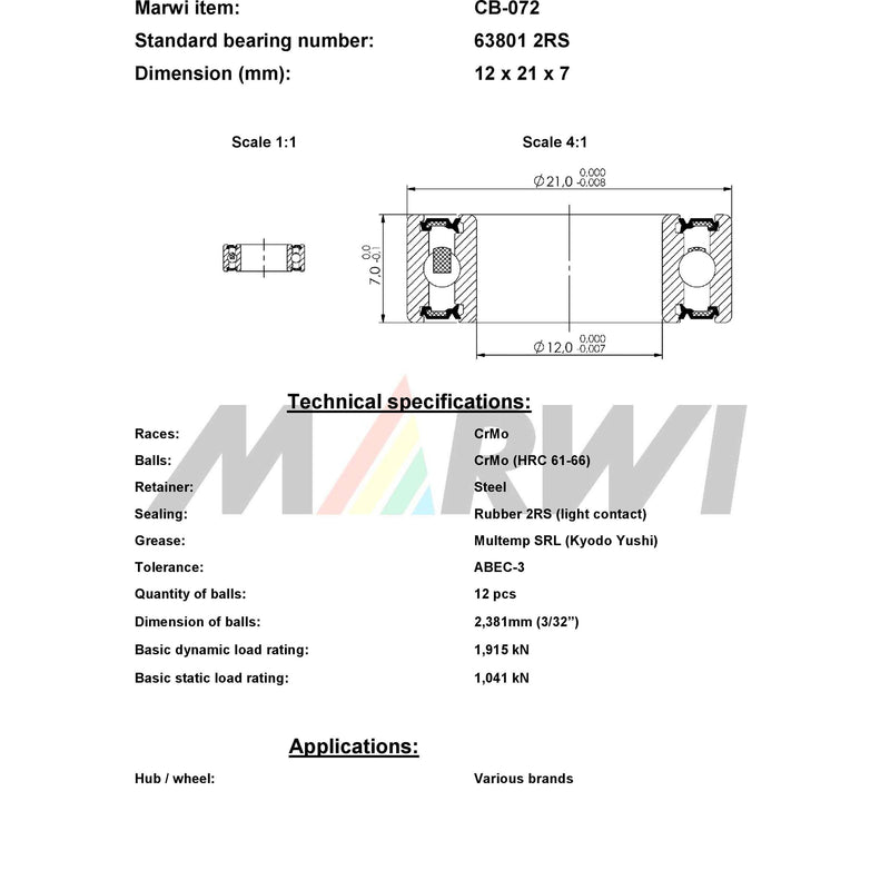 Load image into Gallery viewer, Marwi union kogellager cb-072 63801 2rs 12x21x7