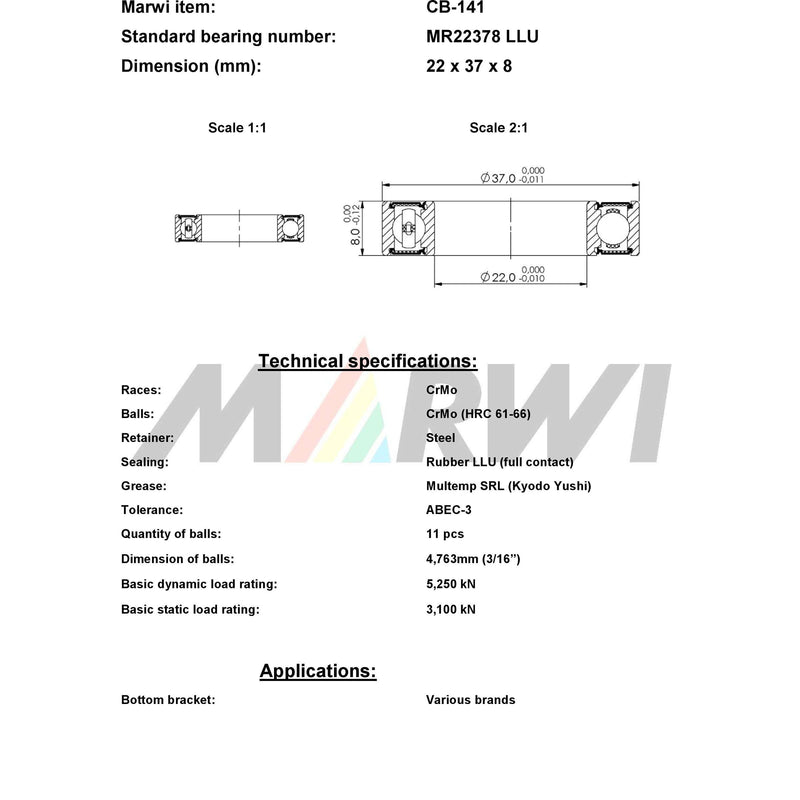Load image into Gallery viewer, Marwi union kogellager cb-141 mr22378 2rs 22x37x8