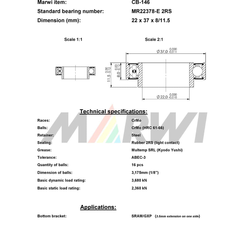 Load image into Gallery viewer, Marwi union kogellager cb-146 llb mr22378-e 22x37x8 11½ ext