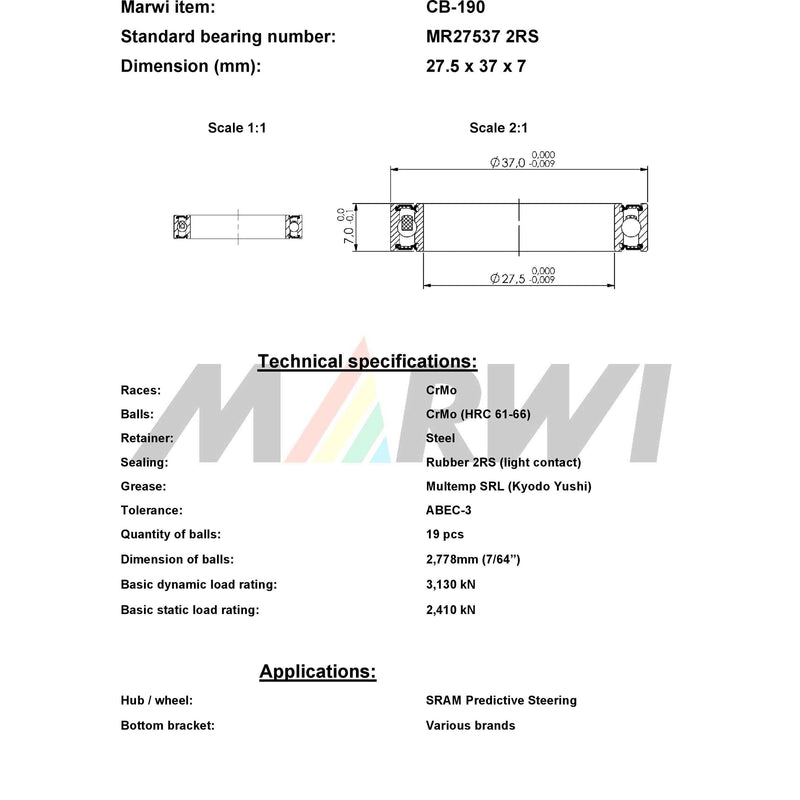 Load image into Gallery viewer, Marwi union kogellager cb-190 mr27537 2rs 27,5x37x7
