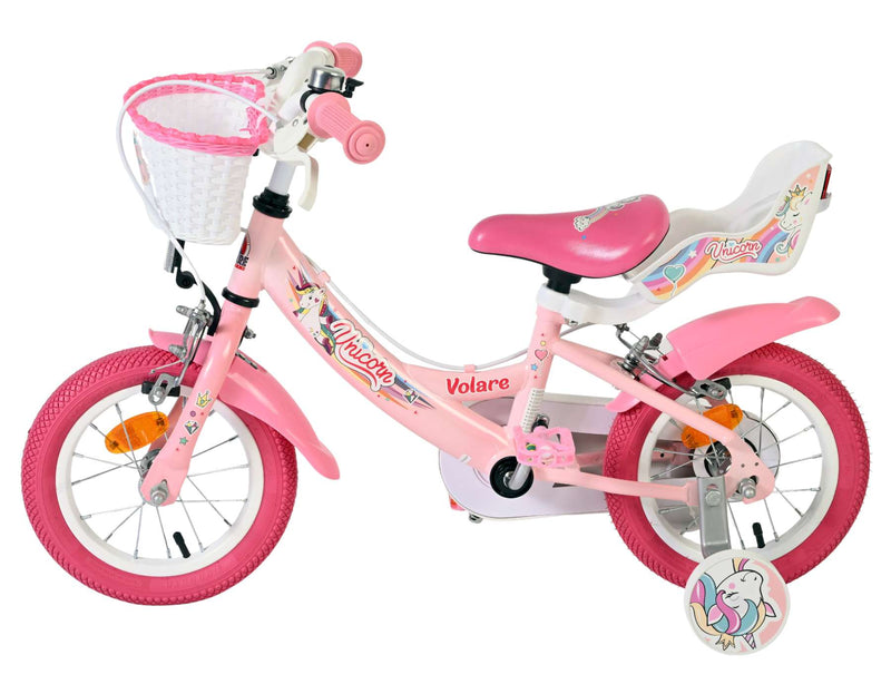 Afbeelding laden in galerijviewer, Volare unicorn kinderfiets - meisjes - 12 inch - roze - twee handremmen
