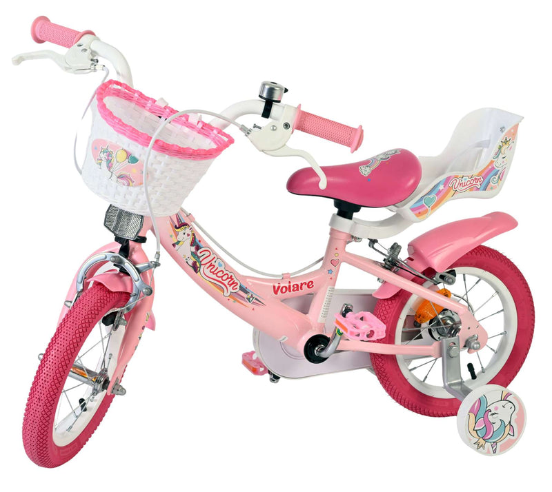 Afbeelding laden in galerijviewer, Volare unicorn kinderfiets - meisjes - 12 inch - roze - twee handremmen