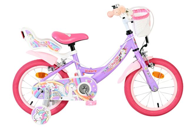Afbeelding laden in galerijviewer, Volare unicorn kinderfiets - meisjes - 14 inch - paars - twee handremmen