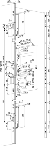 Load image into Gallery viewer, Abloy el466 veiligheidspaniekmeerpuntssluiting | enkelzijdig krukgestuurd | zelfvergrendelend | skg*** | dm35mm | pc92mm | voorplaat rvs 24x2000mm u-vormig | 12 24v dc | dr 1+2+3+4 - 10037688