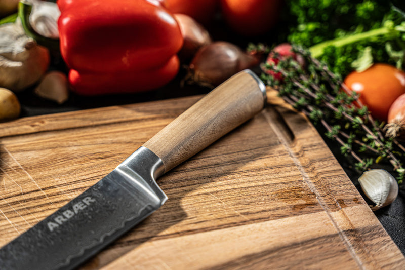 Load image into Gallery viewer, Arbaer santoku koksmes 18,5 cm damascus staal olijfhouten handvat japans