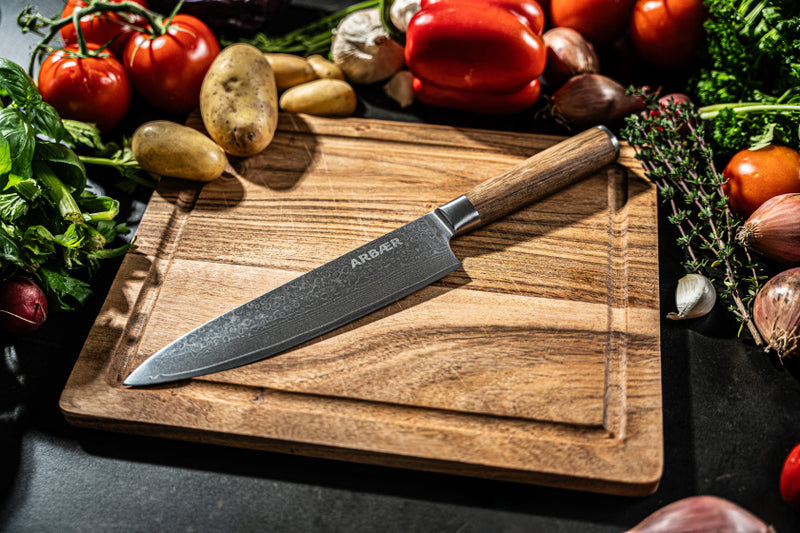 Load image into Gallery viewer, Arbaer messenset met magnetisch blok 6-delig damascus staal olijfhouten handvatten