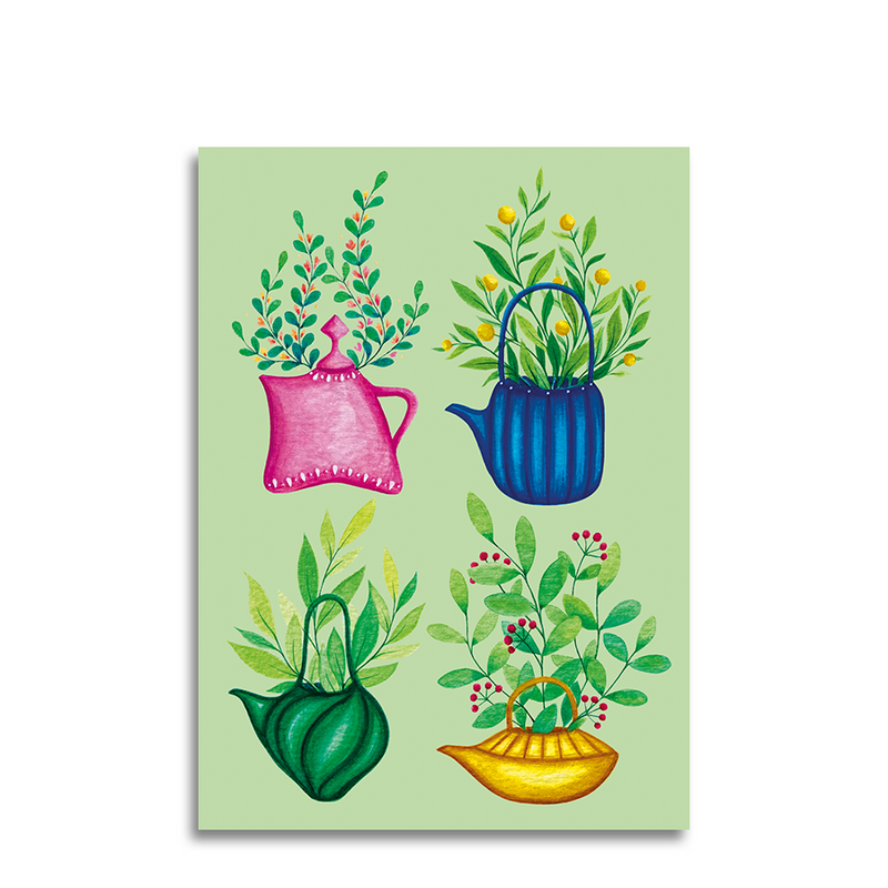 Afbeelding laden in galerijviewer, Art by andu wenskaart 4 tea pots green