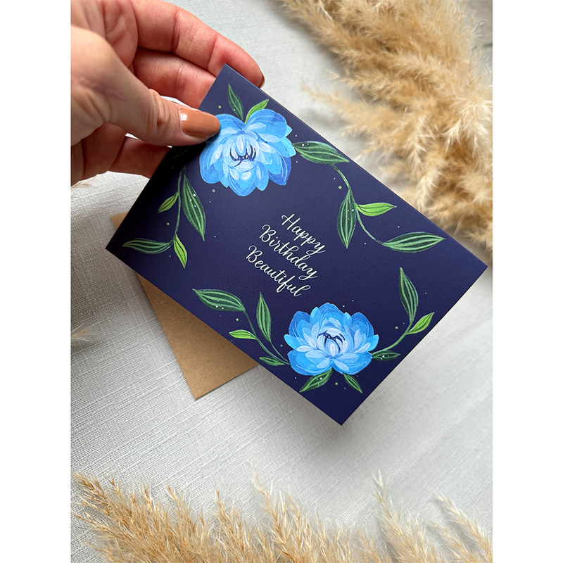 Afbeelding laden in galerijviewer, Art by andu wenskaart hbd blue flowers