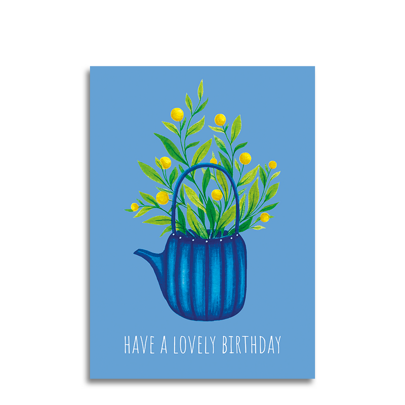 Afbeelding laden in galerijviewer, Art by andu wenskaart light blue tea pot blue stripes