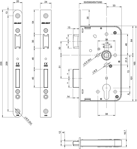 Afbeelding laden in galerijviewer, Assa abloy 2420 deurslot | dm65mm | pc72mm | krukgat 8mm | voorplaat rvs 24x235mm rechthoekig | dr 1+3 2+4 - 7262018
