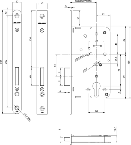 Afbeelding laden in galerijviewer, Assa abloy 2455 kastslot | dm50mm | pc | voorplaat staal gelakt 24x235mm rechthoekig | dr 1+2+3+4 - 7962019