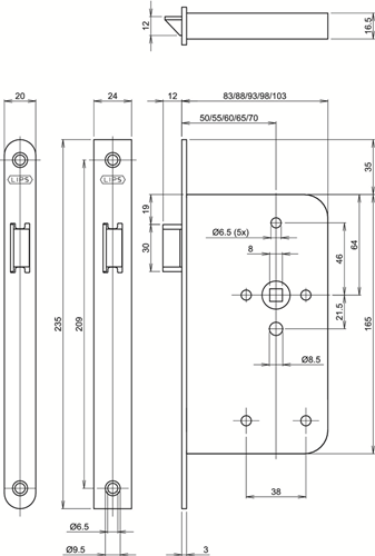 Afbeelding laden in galerijviewer, Assa abloy 2465 loopslot | dm50mm | krukgat 8mm | voorplaat staal gelakt 20x235mm afgerond | dr 1+3 2+4 - 7962040