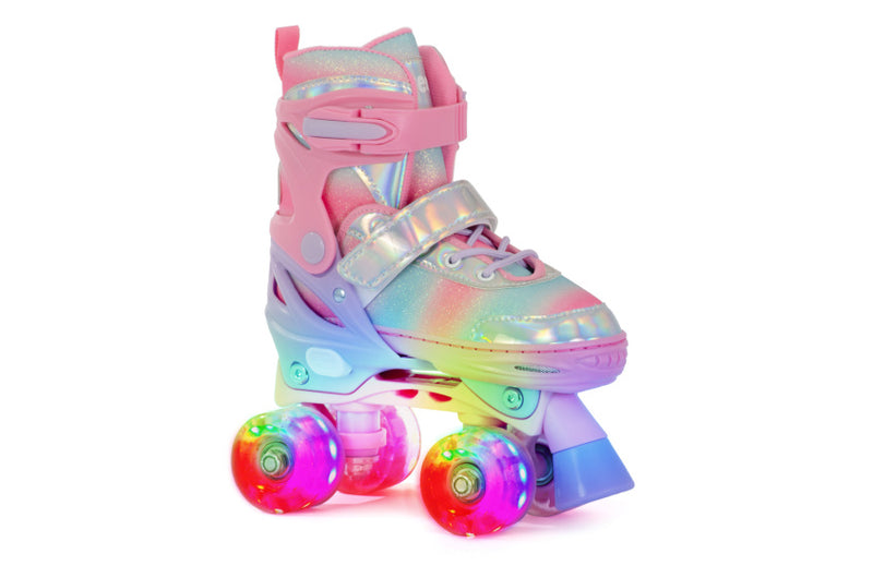 Load image into Gallery viewer, Aventuri verstelbare rolschaatsen met lichtjes roze glitter maat 27-30 (xs)