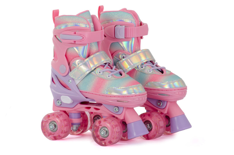 Load image into Gallery viewer, Aventuri verstelbare rolschaatsen met lichtjes roze glitter maat 27-30 (xs)