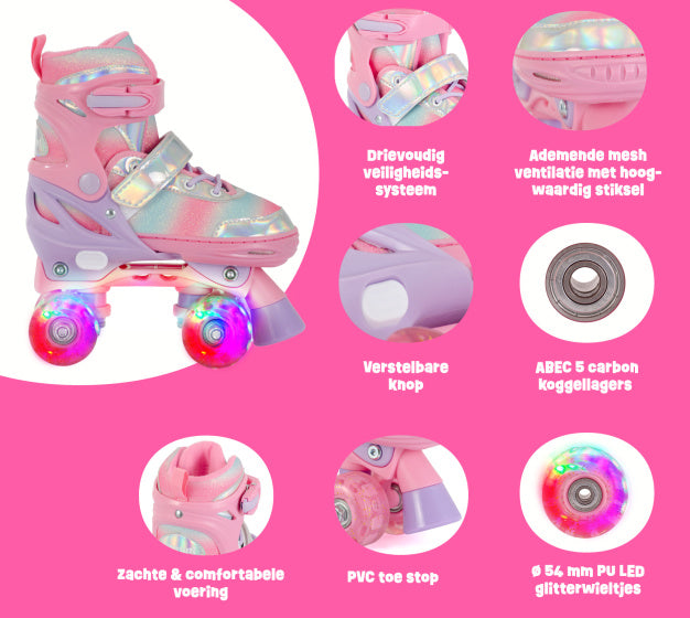 Load image into Gallery viewer, Aventuri verstelbare rolschaatsen met lichtjes roze glitter maat 27-30 (xs)