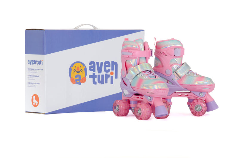 Load image into Gallery viewer, Aventuri verstelbare rolschaatsen met lichtjes roze glitter maat 27-30 (xs)