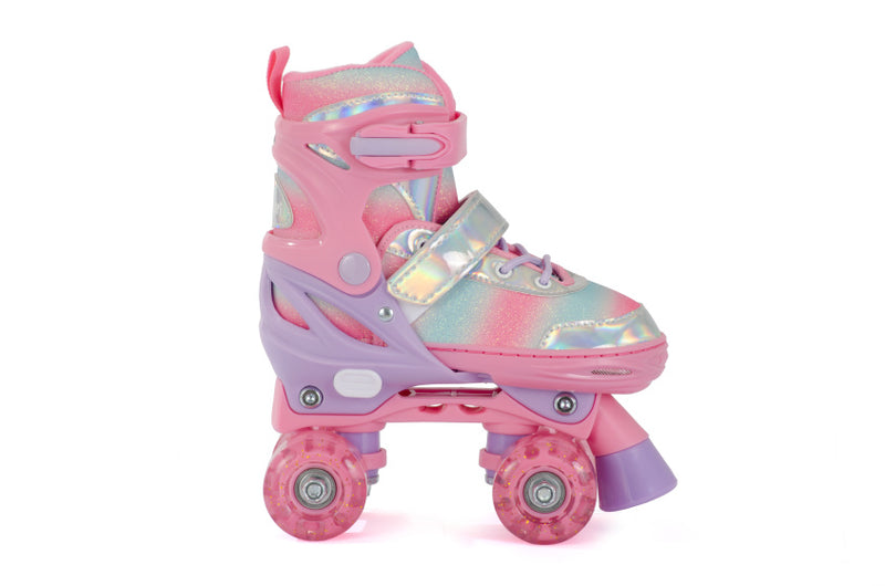 Load image into Gallery viewer, Aventuri verstelbare rolschaatsen met lichtjes roze glitter maat 27-30 (xs)