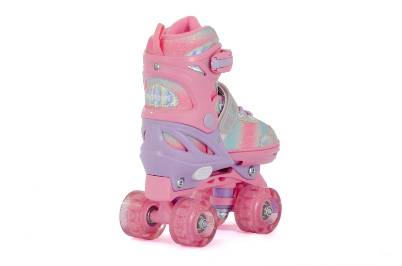 Load image into Gallery viewer, Aventuri verstelbare rolschaatsen met lichtjes roze glitter maat 27-30 (xs)