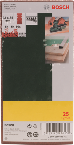 Load image into Gallery viewer, Bosch accessoires 25-delige schuurbladenset vlak 93x185 voor vlakschuurmachines, korrel 40, 60, 80, 120 - 2607019495