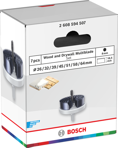 Afbeelding laden in galerijviewer, Bosch accessoires gatzaagset voor hout en gipsplaat | 26; 32; 39; 45; 51; 58; 64 x 18,5 mm - 2608594507