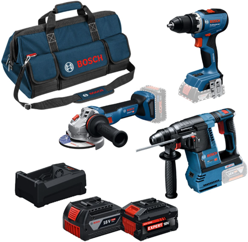 Afbeelding laden in galerijviewer, Bosch blauw 3-delige comboset gsr 18v-65 accuboormachine, gbh 18v-26 boorhamer, gws 18v-11 haakse slijper, 2x gba 18v 5,0ah-5,5ah - 0615a500aj