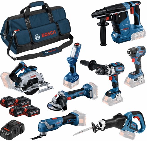 Load image into Gallery viewer, Bosch blauw 8 toolkit 18v | combopack 4 x 5.0ah + lader | in tas - 0615a5004a