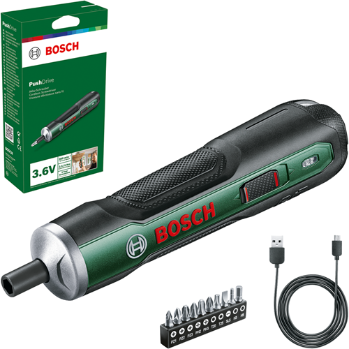 Afbeelding laden in galerijviewer, Bosch groen bosch pushdrive | accuschroevendraaier 3,6v (1x 1.5ah geïntegreerde accu + micro-usb-kabel + 10x schroefbit) - 06039c6002