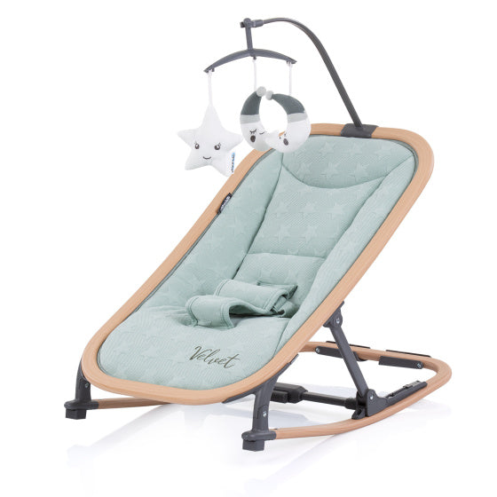 Load image into Gallery viewer, Chipolino velvet opvouwbare wipstoel met mobiel aloe wood mintgroen beige