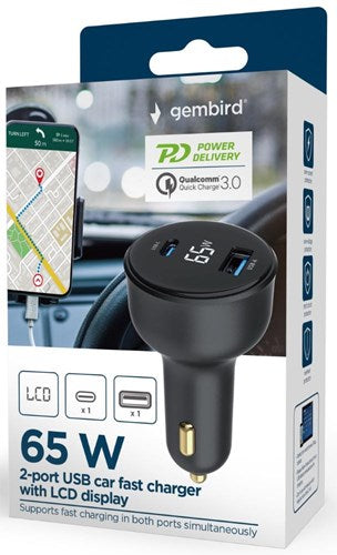 Afbeelding laden in galerijviewer, Enzo usb + usb-c autolader | 65w | zwart | status lcd - 9540116