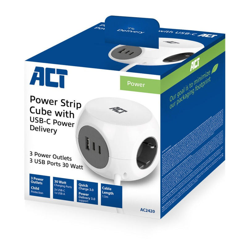 Load image into Gallery viewer, Act connectivity stekkerdoos kubus met 3 stopcontacten, 30w power delivery usb-c a poorten, kabellengte 1,5m stekkerdoos (wit, type f)