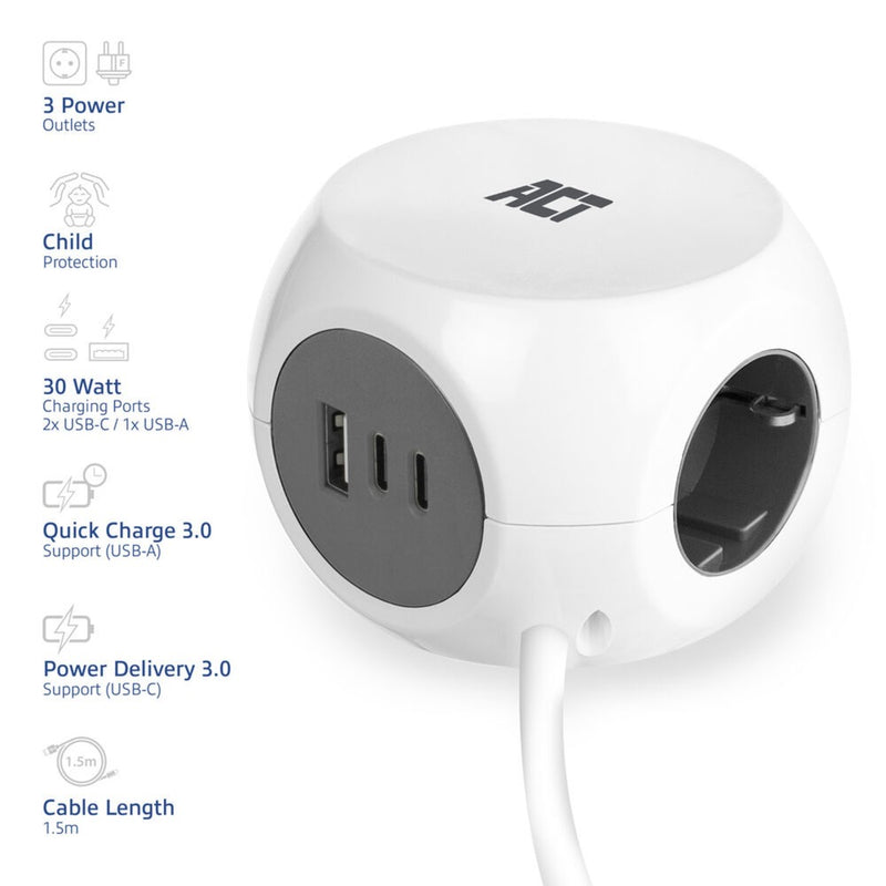 Load image into Gallery viewer, Act connectivity stekkerdoos kubus met 3 stopcontacten, 30w power delivery usb-c a poorten, kabellengte 1,5m stekkerdoos (wit, type f)