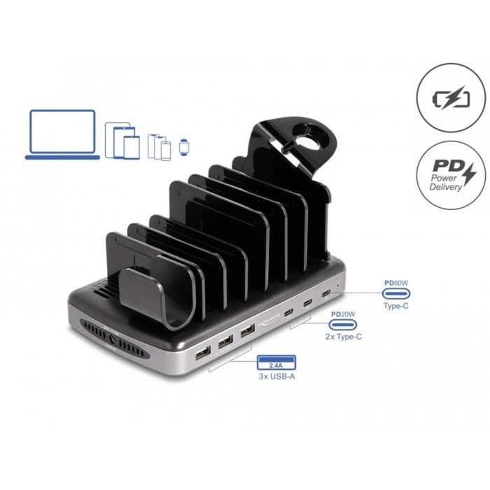 Load image into Gallery viewer, Delock usb charging station met 3 x usb type-c pd + 3 x usb type-a (112 w) (grijs zwart)
