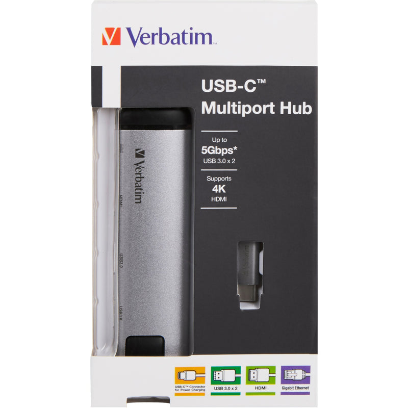 Afbeelding laden in galerijviewer, Verbatim usb 3.2 gen 1 multiport hub, usb-c > 2x usb-a + usb-c + hdmi + rj-45 usb-hub (zilver zwart, pd, opladen tot 100 watt)