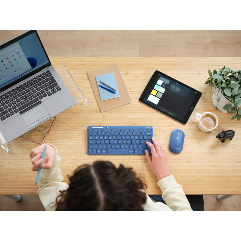 Load image into Gallery viewer, Trust lyra multi-device wireless keyboard mouse, desktopset (blauw, us lay-out, scissor switches, 800 - 1.600 dpi, 2,4 ghz usb, bluetooth, 65%)