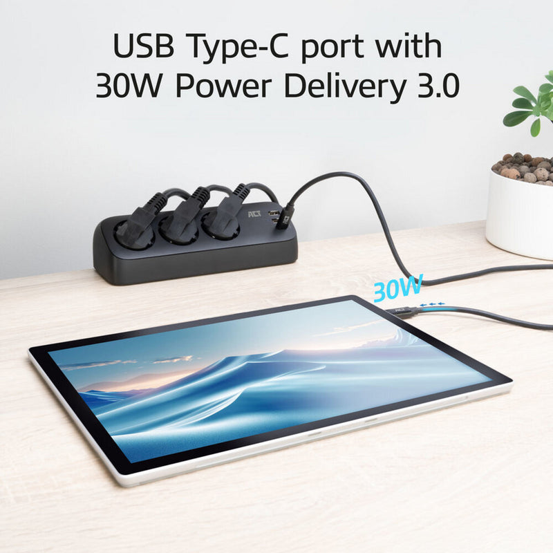 Afbeelding laden in galerijviewer, Act connectivity act stekkerdoos met 3 type-f stopcontacten, 30w power delivery, usb type-c a poorten, kabellengte 1,5 meter ac2480