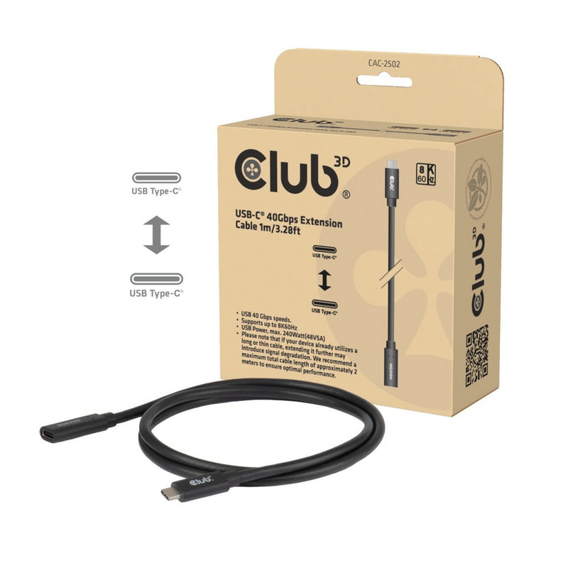 Afbeelding laden in galerijviewer, Club 3d usb-c 40 gbps verlengkabel (zwart, 1 meter, 8k 60hz, pd 240 watt)