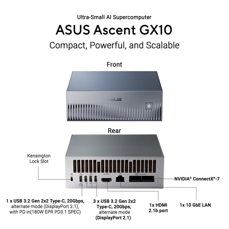 Load image into Gallery viewer, Asus ascent gx10 arm v9.2-a 128 1 mini-pc (donkergrijs | nvidia gb10 grace blackwell | dgx spark | nvlink-c2c | 128 gb | 1 tb ssd)