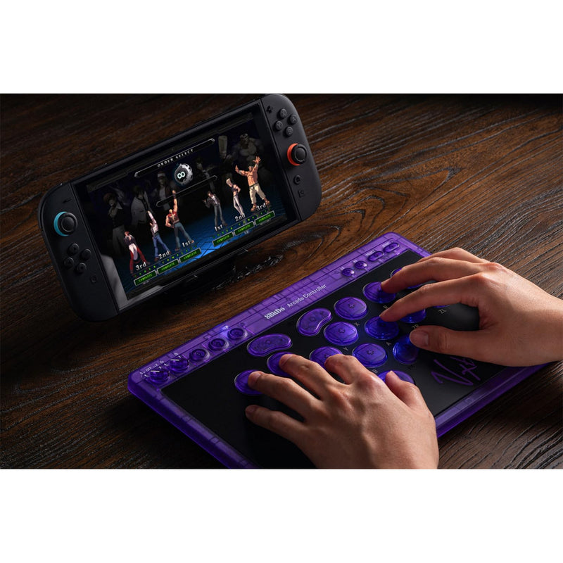 Afbeelding laden in galerijviewer, 8bitdo arcade controller - transparent purple signature edition (paars transparant, 2.4 ghz bluetooth usb, nintendo switch 1 + 2, pc)