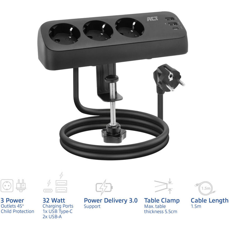 Afbeelding laden in galerijviewer, Act connectivity act stekkerdoos met 3 type-f stopcontacten, 30w power delivery, usb type-c a poorten, kabellengte 1,5 meter ac2480