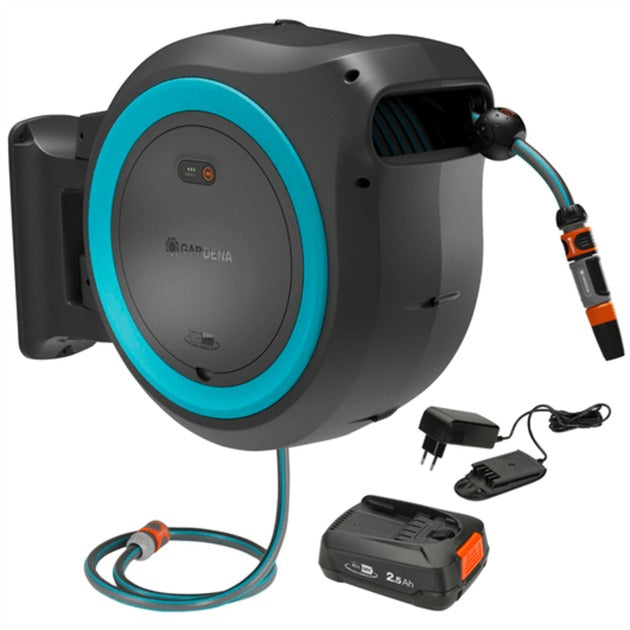 Load image into Gallery viewer, Gardena 35 m wand-slangenbox powerroll xl slanghaspel (grijs turquoise, 35 meter, accu en oplader inbegrepen, power for all alliance)