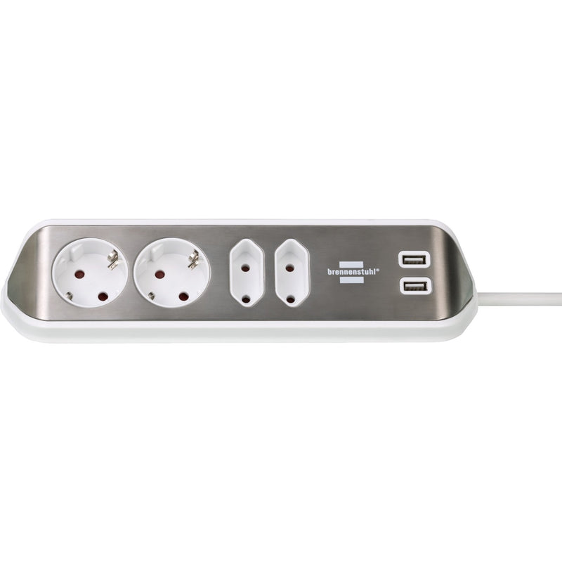 Load image into Gallery viewer, Brennenstuhl estilo hoekstekkerdoos 4-voudig stekkerdoos (wit roestvrij staal, 2x usb)