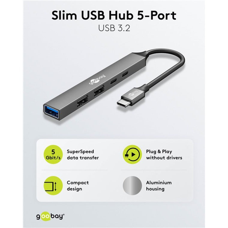 Load image into Gallery viewer, Goobay slanke usb-hub met 5 poorten, usb-c naar usb-c usb-a, 5 gbit s (lichtgrijs)