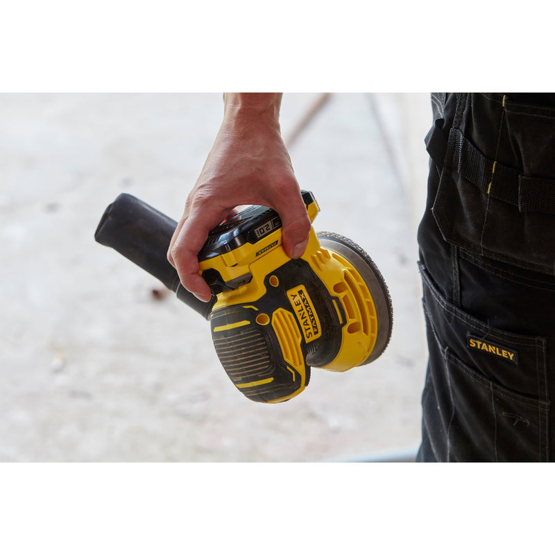 Load image into Gallery viewer, Stanley fatmax v20 18v excentrische schuurmachine (geel zwart, softbag, accu (2.0ah) en oplader (2a) inbegrepen)