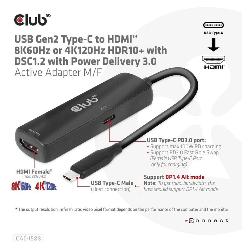 Afbeelding laden in galerijviewer, Club 3d usb-c naar hdmi 2.1+ pd 3.0 100 watt adapter (zwart)
