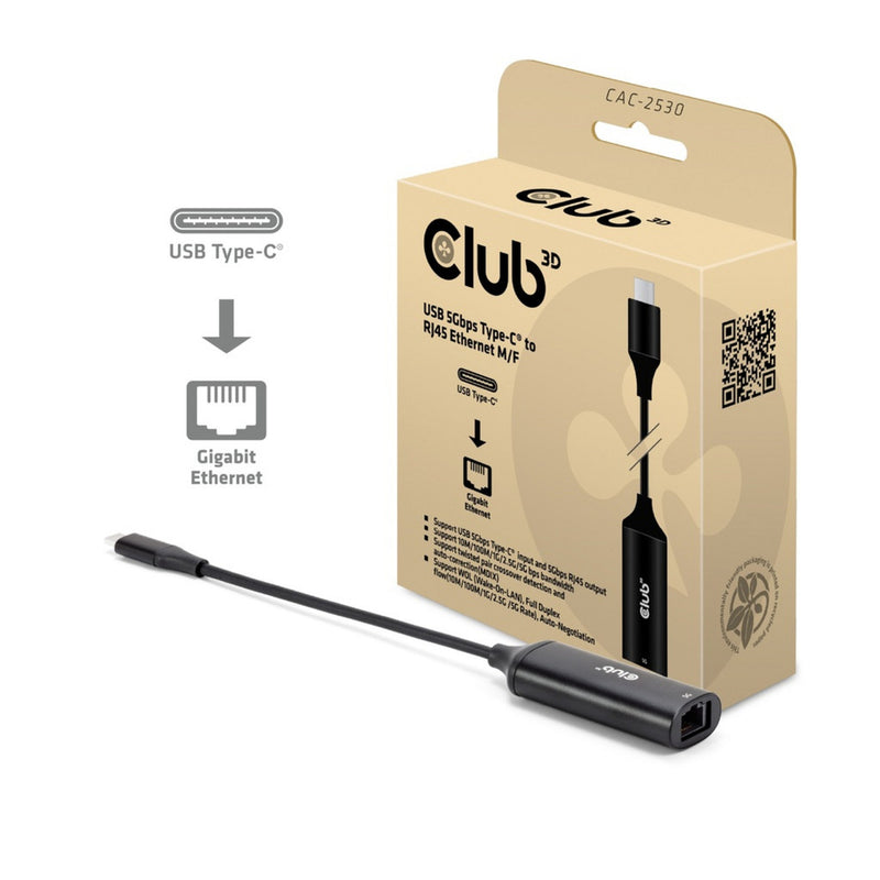 Afbeelding laden in galerijviewer, Club 3d usb-c naar rj45 5gbps ethernet m f adapter (zwart)