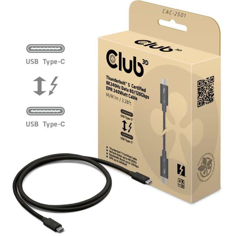 Afbeelding laden in galerijviewer, Club 3d thunderbolt 5 gecertificeerde 8k240hz kabel (zwart, data 80 120 gbps, epr 240 watt,1 meter)