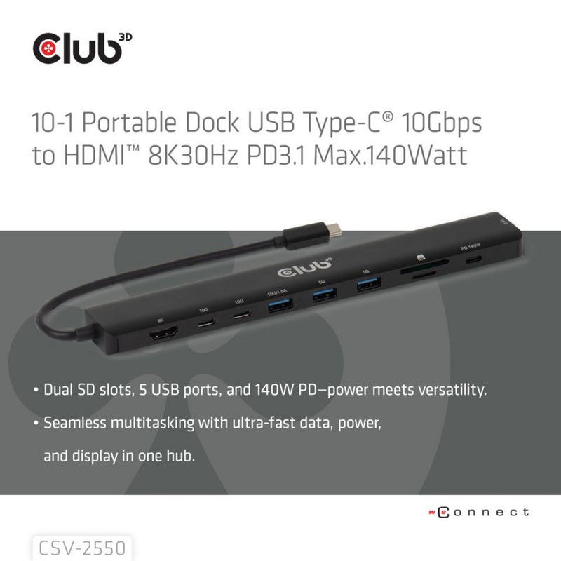 Afbeelding laden in galerijviewer, Club 3d 10-1 portable dock usb type-c 10gbps to hdmi 8k30hz pd3.1 max.140 watt dockingstation (zwart, hdmi, usb-c, lan)