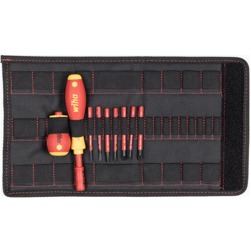 Load image into Gallery viewer, Wiha schroevendraaier en bitset slimvario (rood geel, sleufkop, pozidriv, plusmin pozidriv 10-delig incl. opvouwbaar etui)