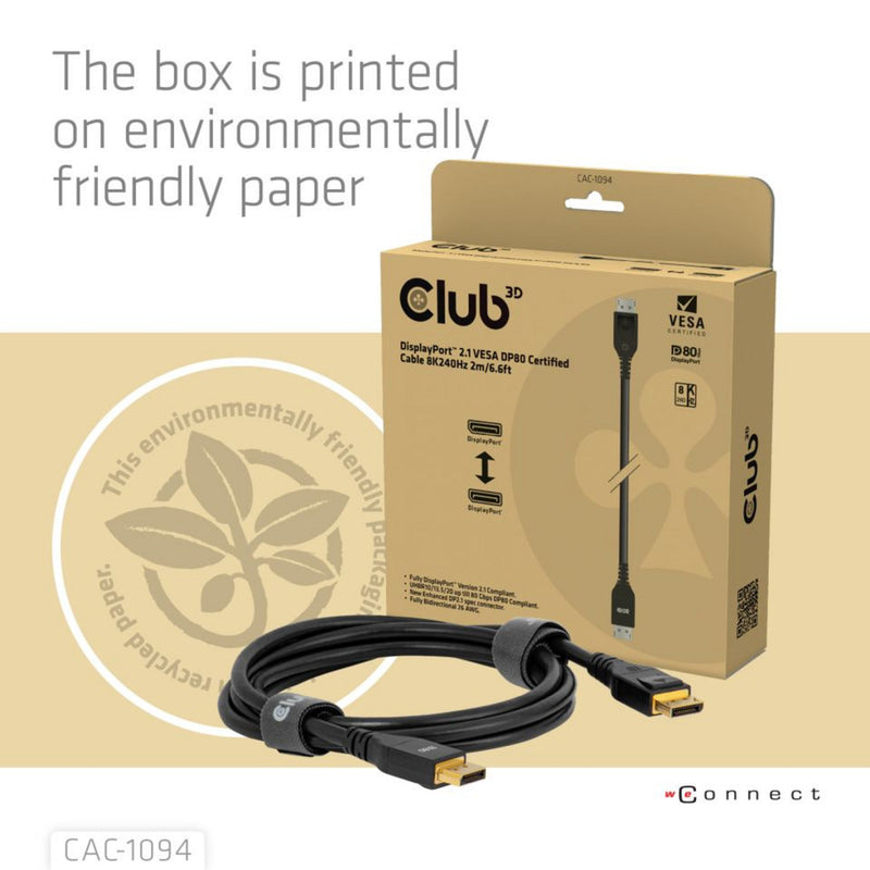 Afbeelding laden in galerijviewer, Club 3d displayport 2.1 vesa dp80 gecertificeerde kabel male-male (zwart, 2 meter, 8k 240hz, 10k 60hz, 80gbps)